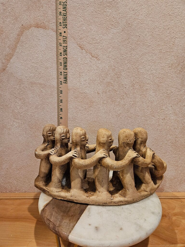Mexican Folk Art Ceramic Sculpture of Six Figures Decoration/Aztec/Mayan candle holder, Pre-Columbian style in beige terracotta representing a semi-circle