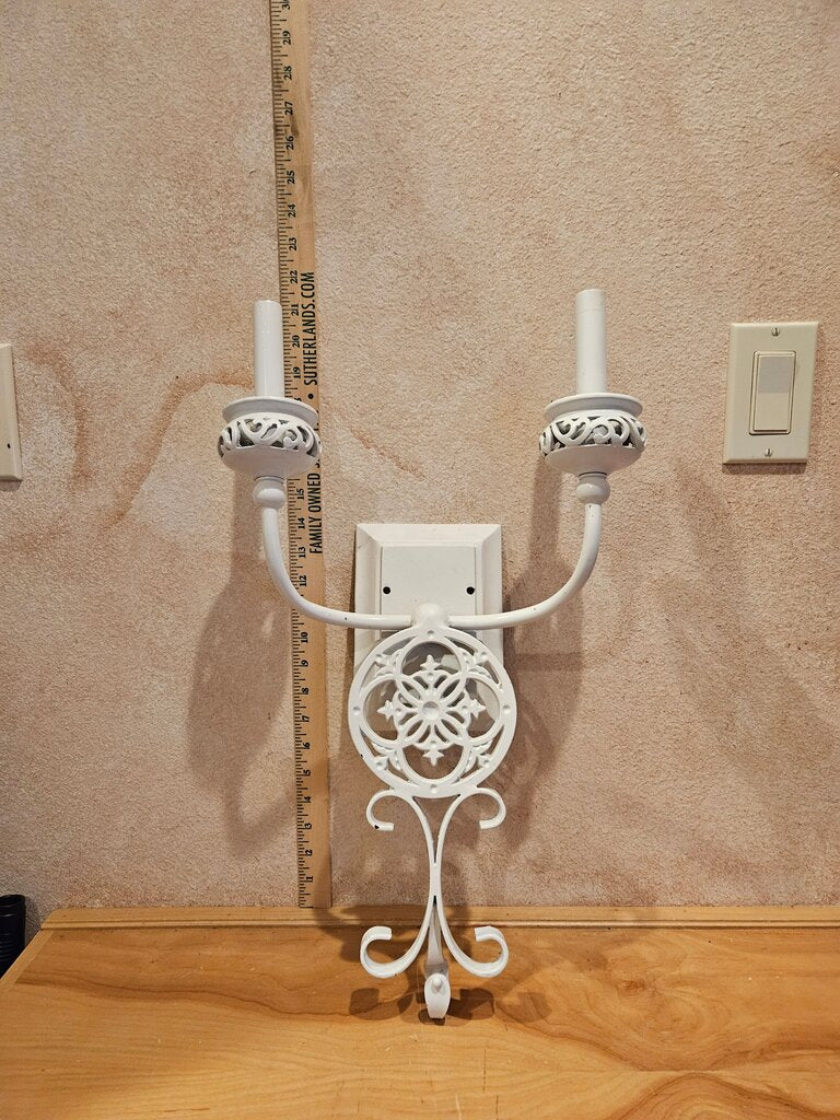 Vintage Ornate Double arm White Iron Electrical Wall Mounted Sconce Designed to look like Candle Holder