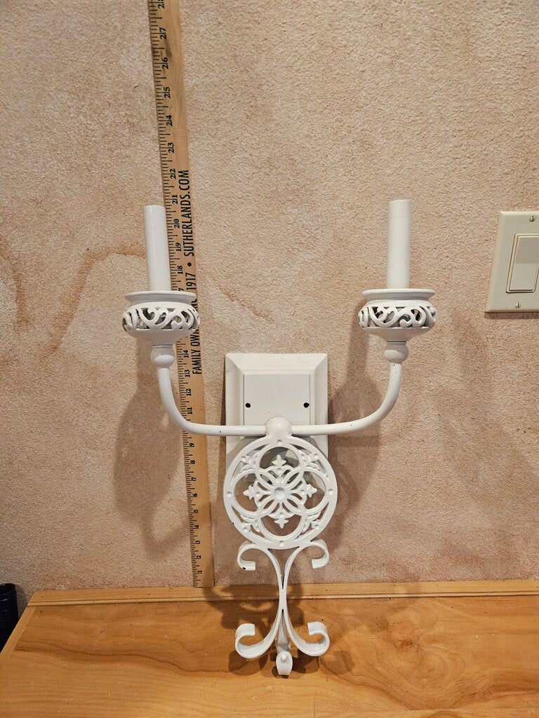 Vintage Ornate Double arm White Iron Electrical Wall Mounted Sconce Designed to look like Candle Holder