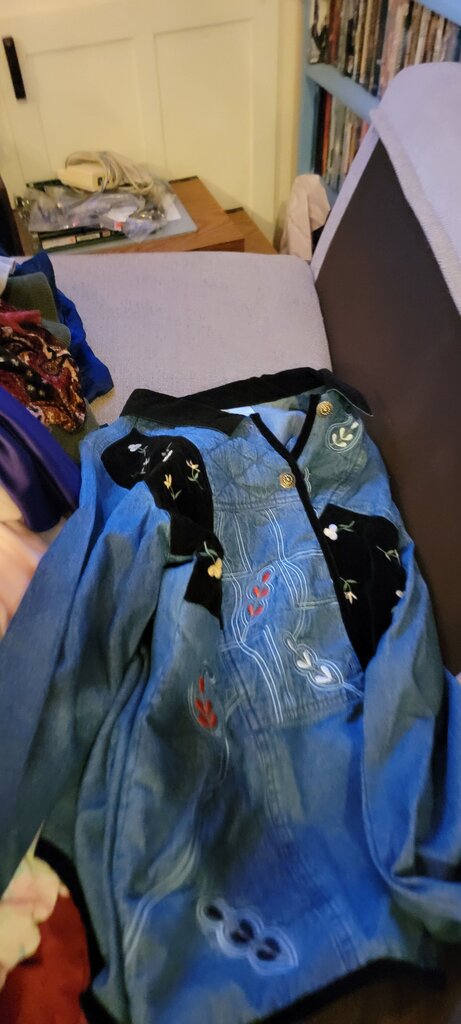 Embroidered Denim and Velvet Jacket
