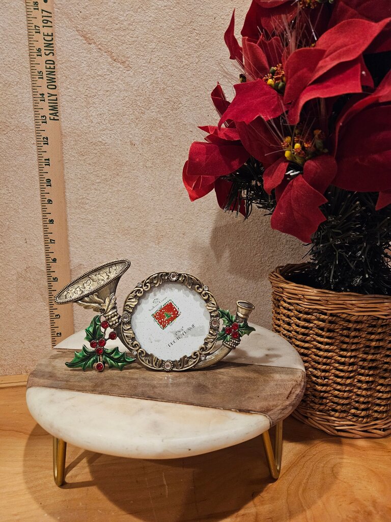 Christmas Photo Frame, Bejeweled w Horn & Holly Accent Holiday table Decor