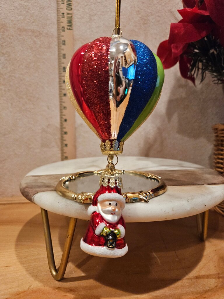 Ameri Christmas Colorful Rainbow Glitter Hot Air Balloon & Santa Blown Glass Ornament