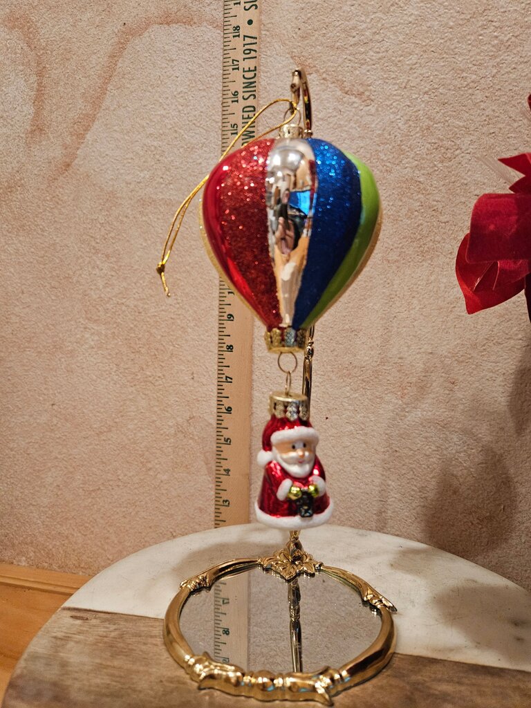 Ameri Christmas Colorful Rainbow Glitter Hot Air Balloon & Santa Blown Glass Ornament