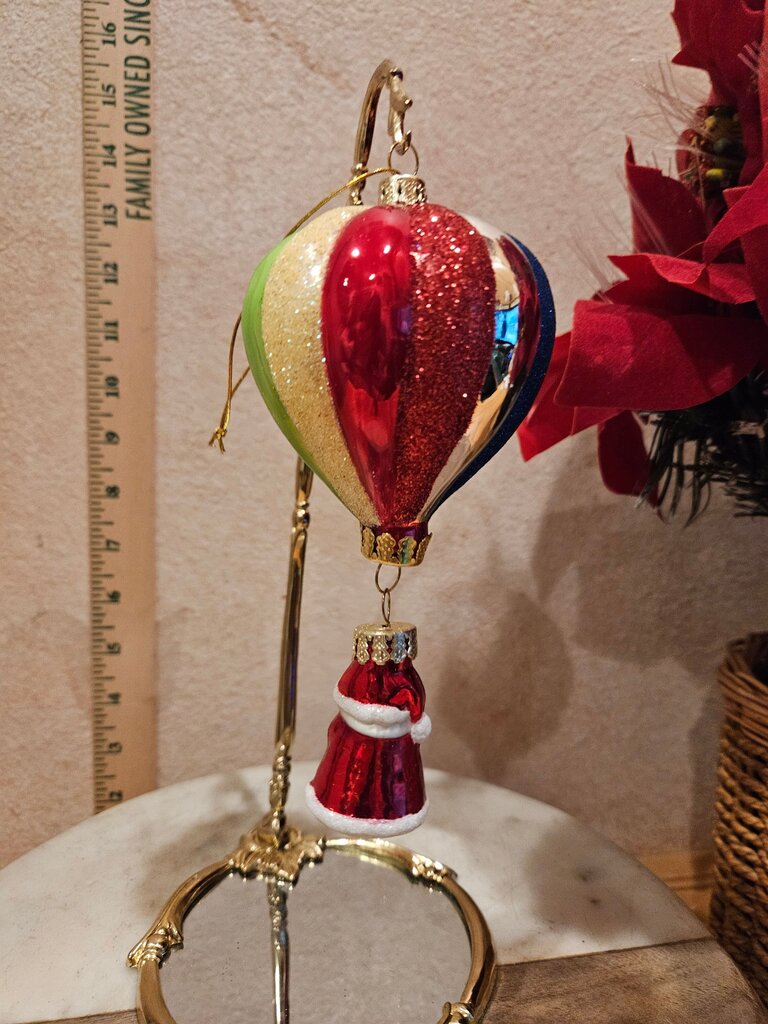 Ameri Christmas Colorful Rainbow Glitter Hot Air Balloon & Santa Blown Glass Ornament