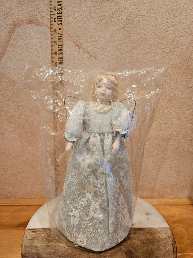 Vintage Avon "Snow Angel" Porcelain Tree Topper Blue Dress w Old Fashioned Christmas , Christmas Centerpiece Lace Fairy Doll in bag
