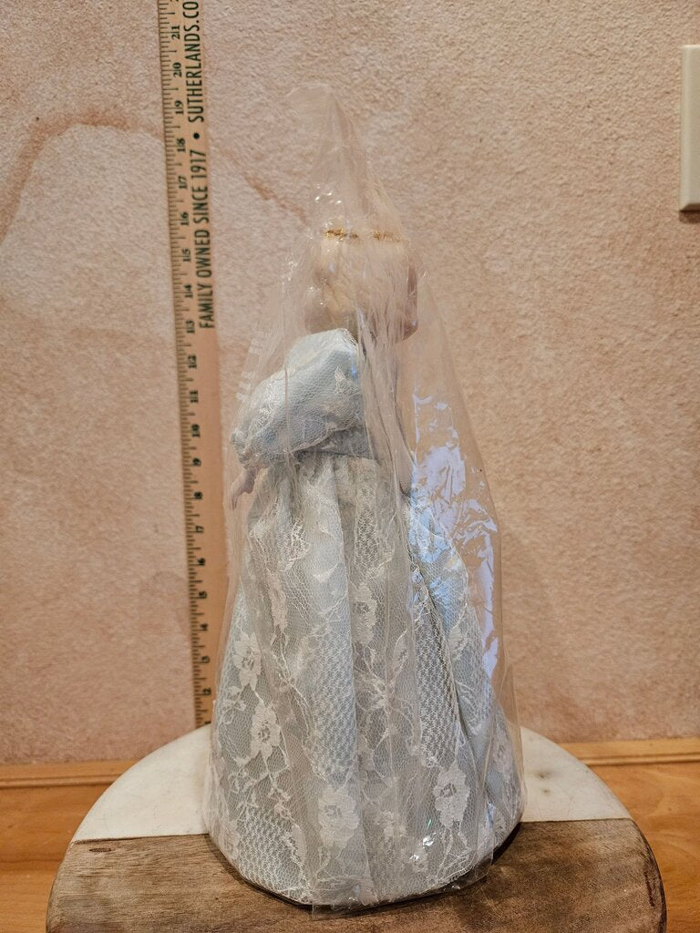 Vintage Avon "Snow Angel" Porcelain Tree Topper Blue Dress w Old Fashioned Christmas , Christmas Centerpiece Lace Fairy Doll in bag