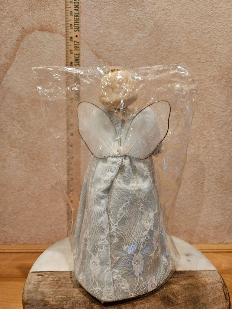 Vintage Avon "Snow Angel" Porcelain Tree Topper Blue Dress w Old Fashioned Christmas , Christmas Centerpiece Lace Fairy Doll in bag