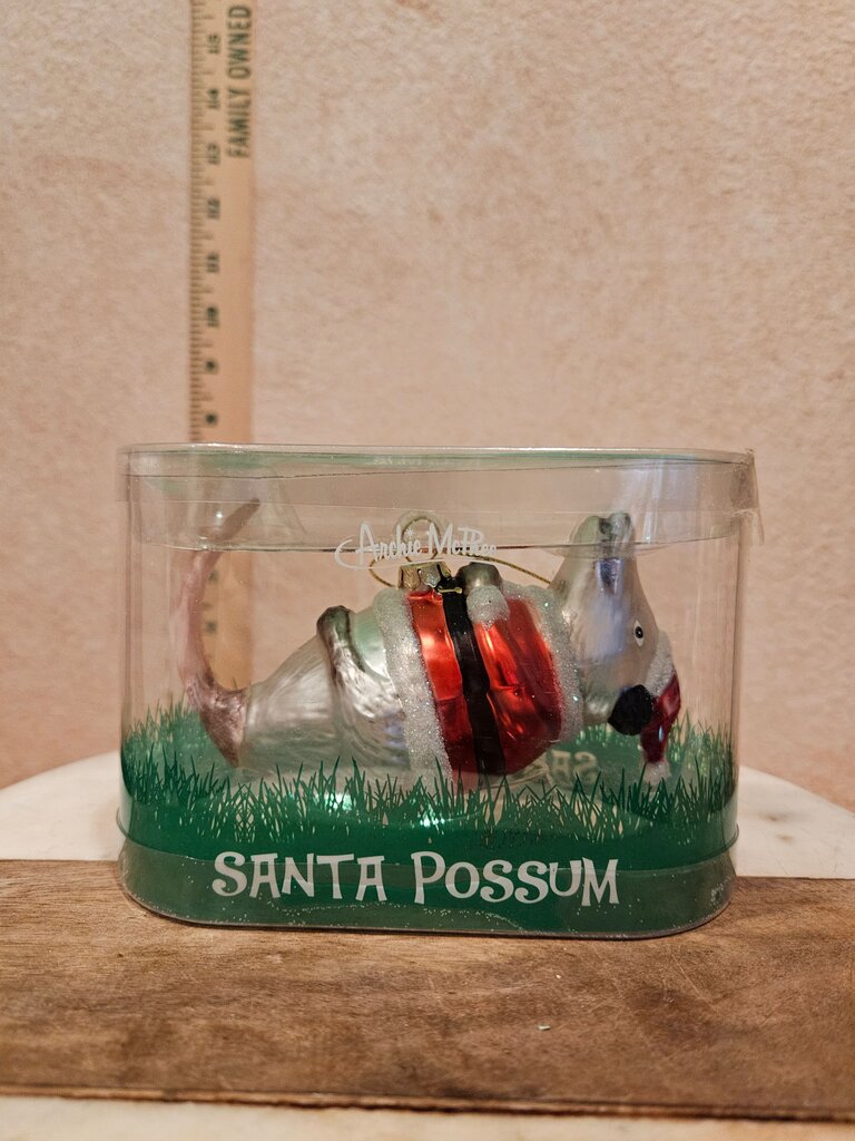 Mcphee Archie Santa Possum Hand-Blown Glass Ornament in box