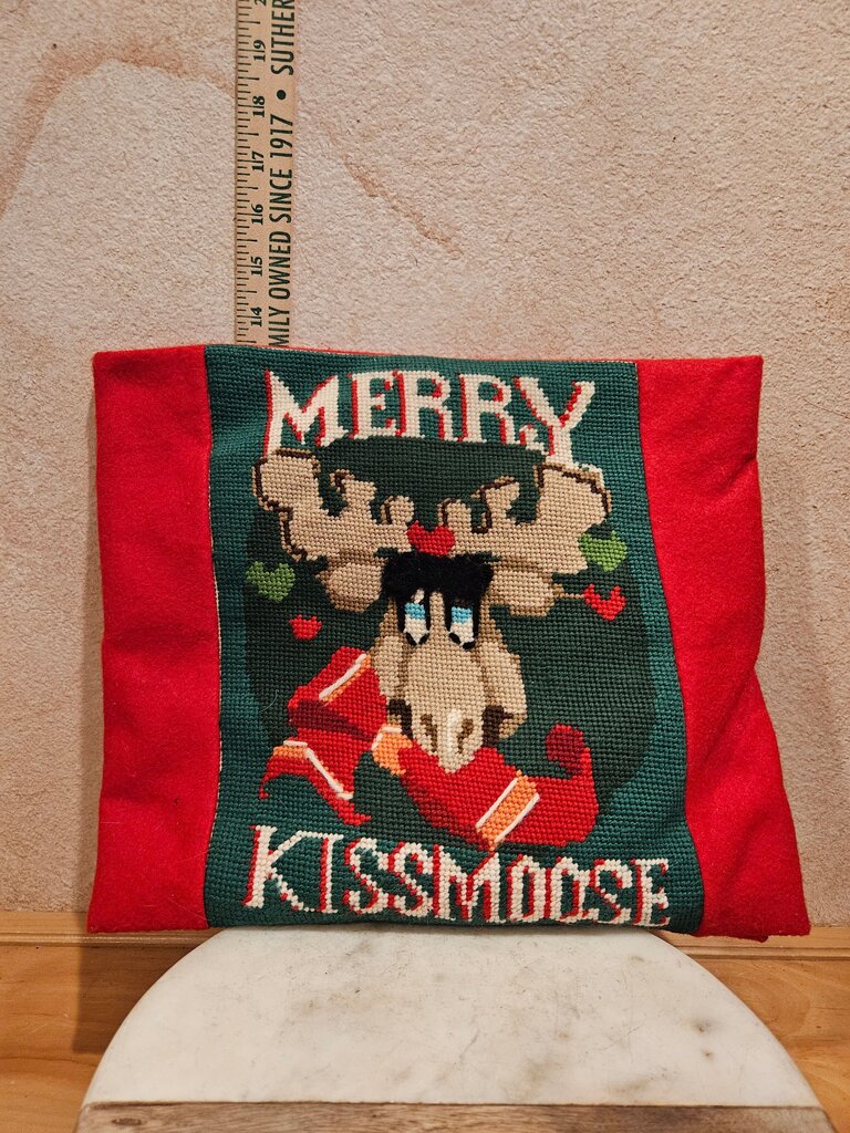 Vintage Sunset Merry Kissmoose Christmas Moose Santa Wool Completed Needlepoint Art Pillow