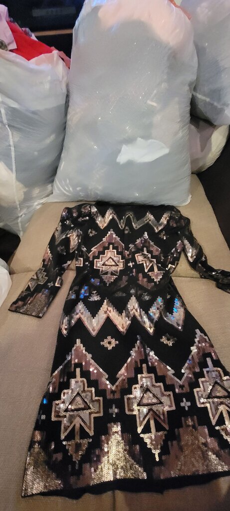 Express Black Metallic Sequin Cocktail Dress Small Petite Aztec off the shoulders w Geometric Pattern