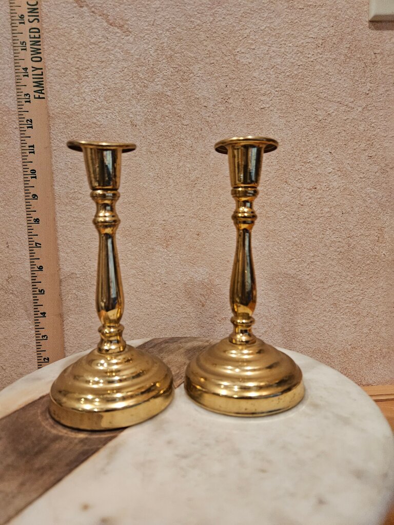 Vintage Pair of Elegant Brass Taper Candleholders w Layered Round Base Set of Two