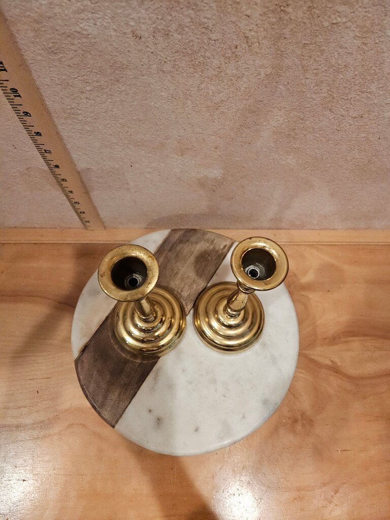 Vintage Pair of Elegant Brass Taper Candleholders w Layered Round Base Set of Two
