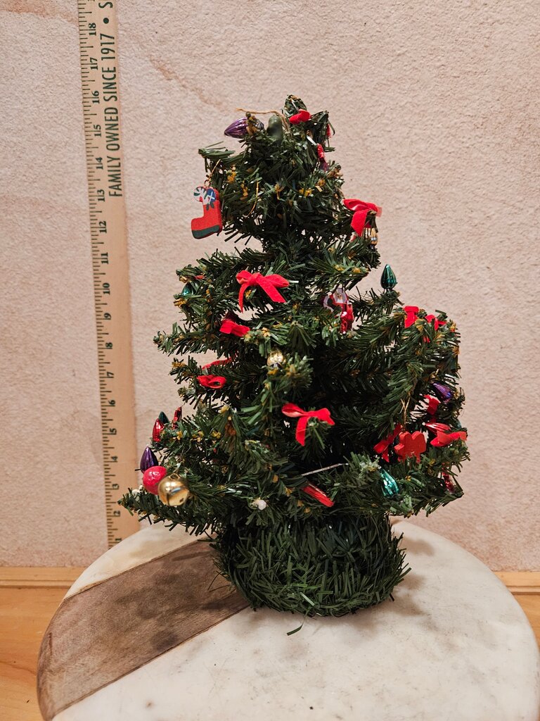 Tabletop Miniature Christmas Tree Decorated w Red Bow Ornament