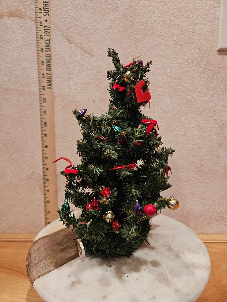 Tabletop Miniature Christmas Tree Decorated w Red Bow Ornament