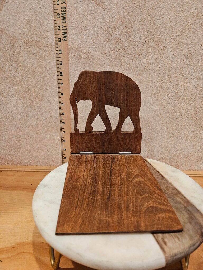 Hand-Carved Wooden Elephant Bookends, Folding Elephant Design w Unique L-Shaped Book Holder