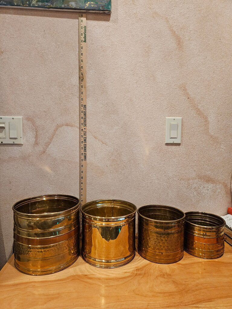 Set of 4 Vintage Solid Brass Round Planters Different Designs, hammered, ringed etc storage containers