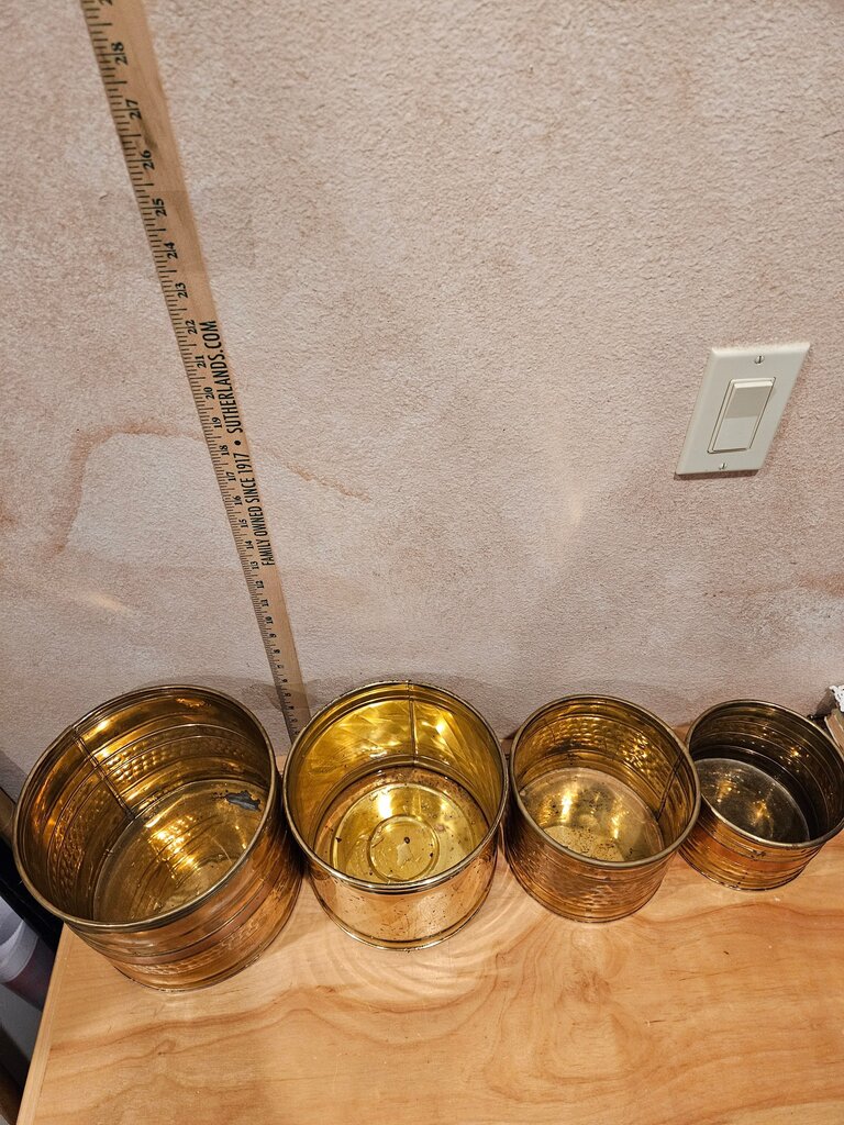 Set of 4 Vintage Solid Brass Round Planters Different Designs, hammered, ringed etc storage containers