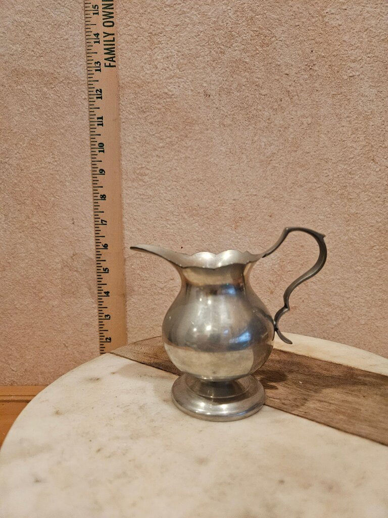 Vintage restoration Williamsburg Quality Pewter stamped Pedestal based Creamer w scalloped edge and ornate handle tea service display