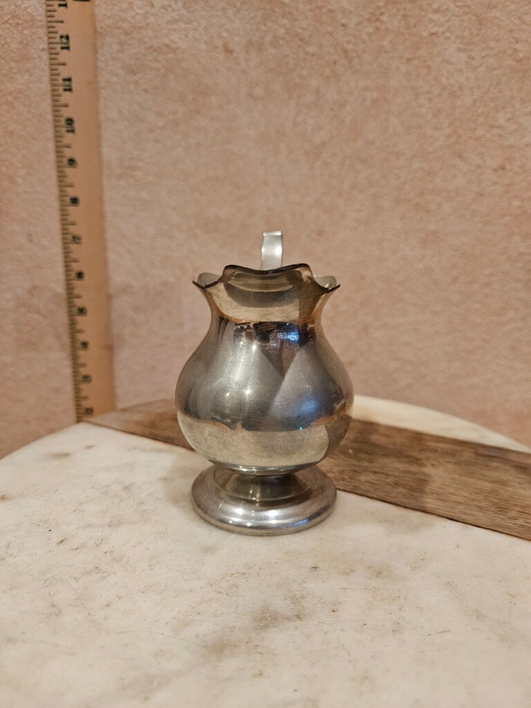 Vintage restoration Williamsburg Quality Pewter stamped Pedestal based Creamer w scalloped edge and ornate handle tea service display