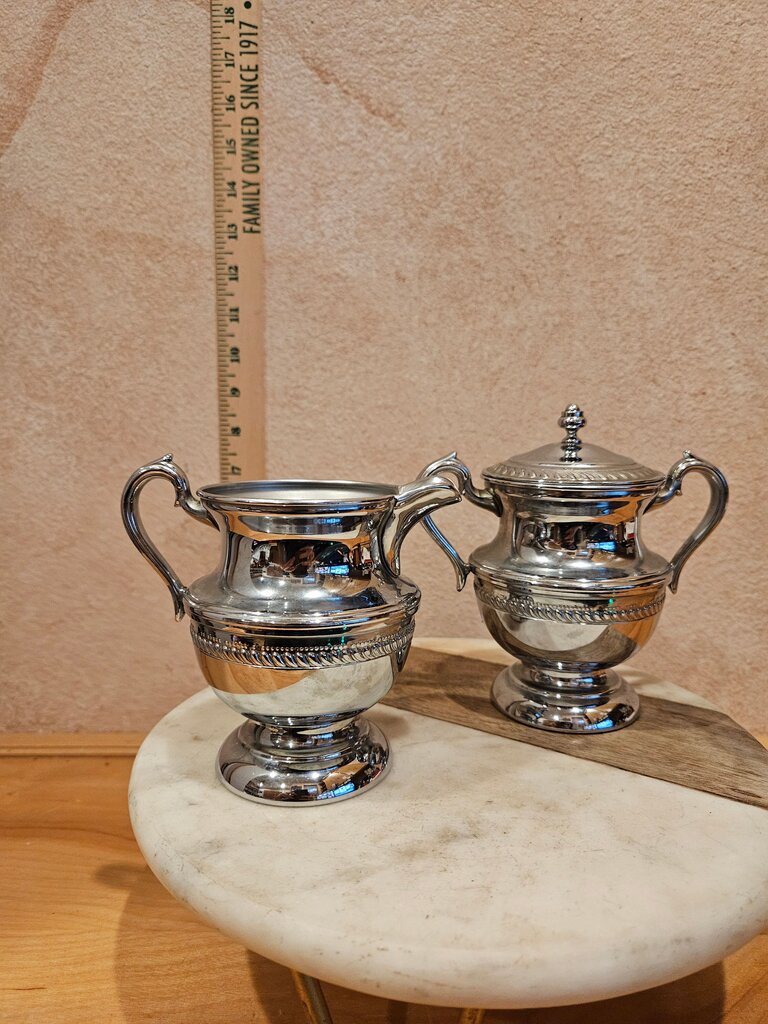 Shiny Silver Plated Cream & Sugar Set Victorian style tea serving display grandmacore