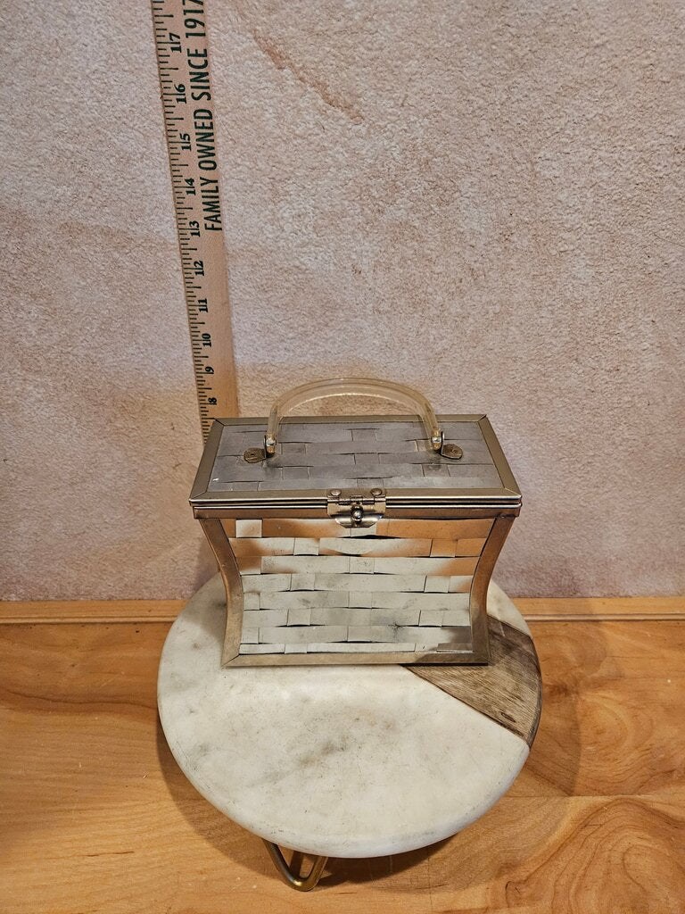 Vintage Rare Shaped Box Purse 1950s Small Rectangle Silver Metal Basketweave Lucite Top Purse Top Handle Mid Century Rockabilly