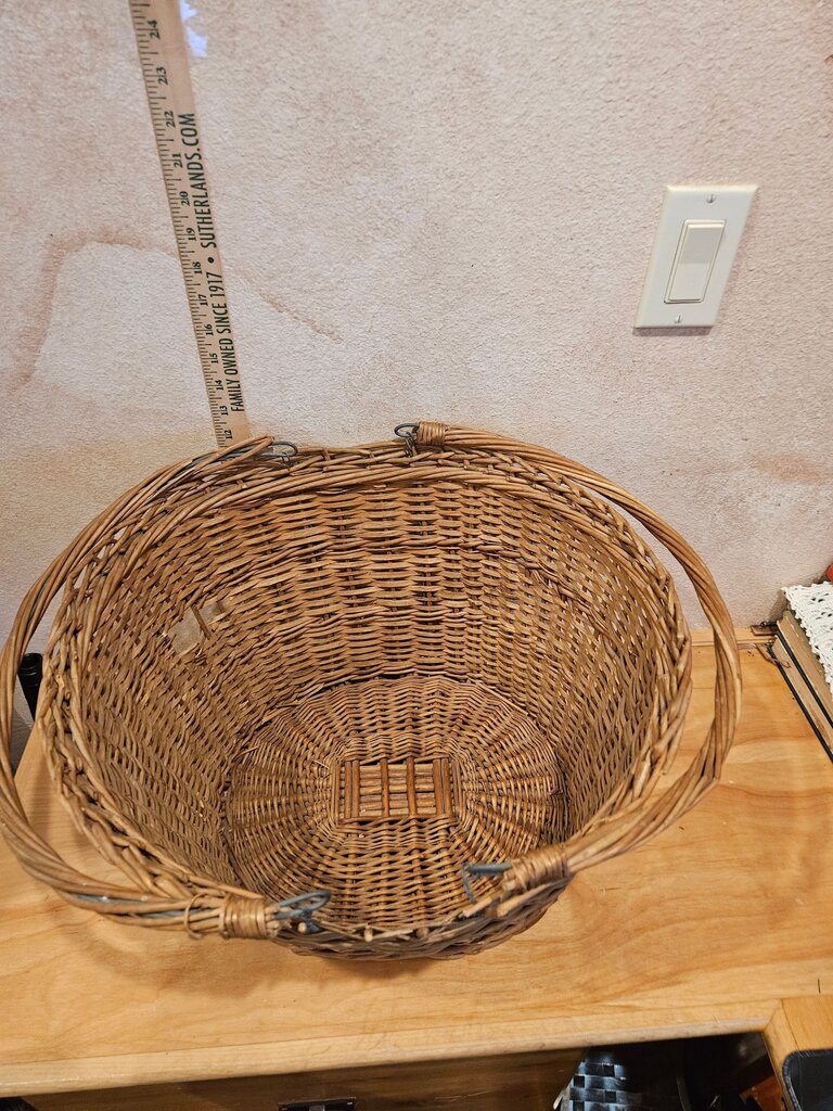 Vintage, Rustic Extra Large Woven Metal & Wicker Handles, Shows its age Charmingly, French Farmhouse style, Farm Gathering & Storage Basket