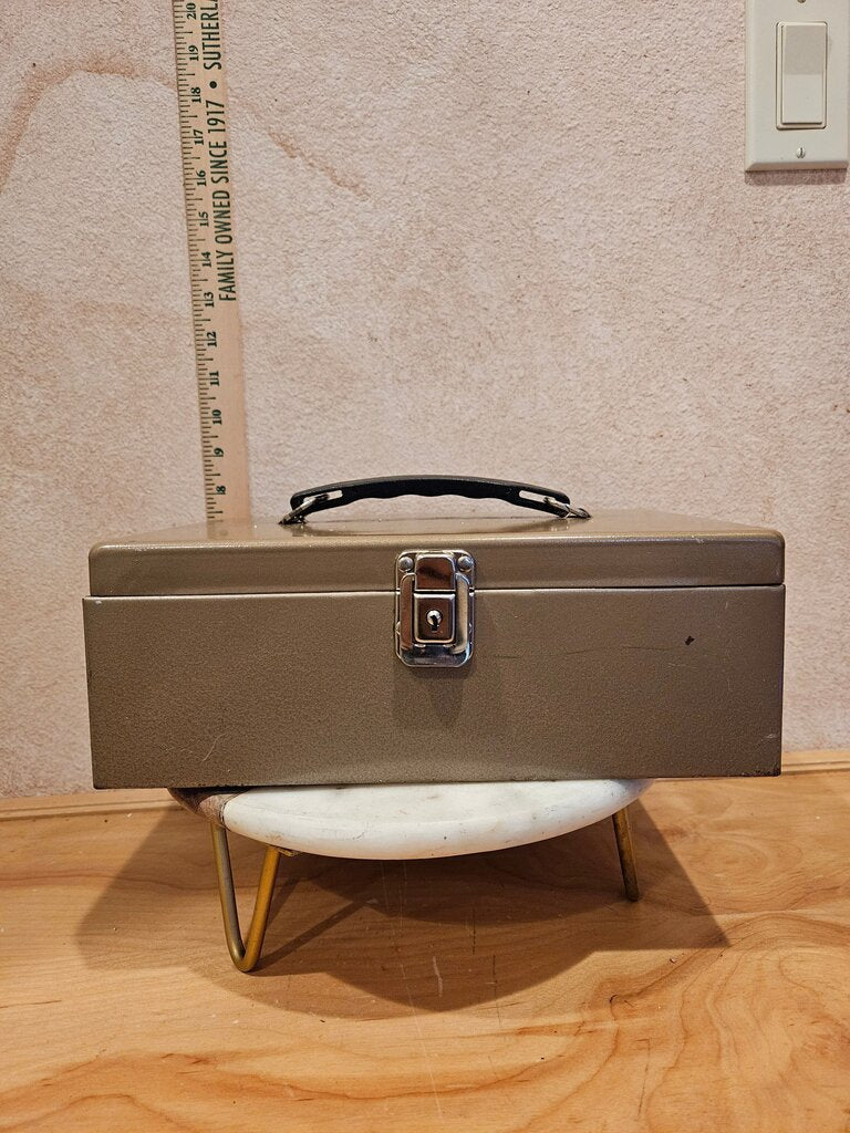 Vintage Metal Document Box Midcentury Industrial 1950s Portable Check Cash Storage with closing device & black carrying handle