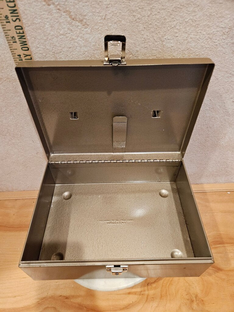 Vintage Metal Document Box Midcentury Industrial 1950s Portable Check Cash Storage with closing device & black carrying handle
