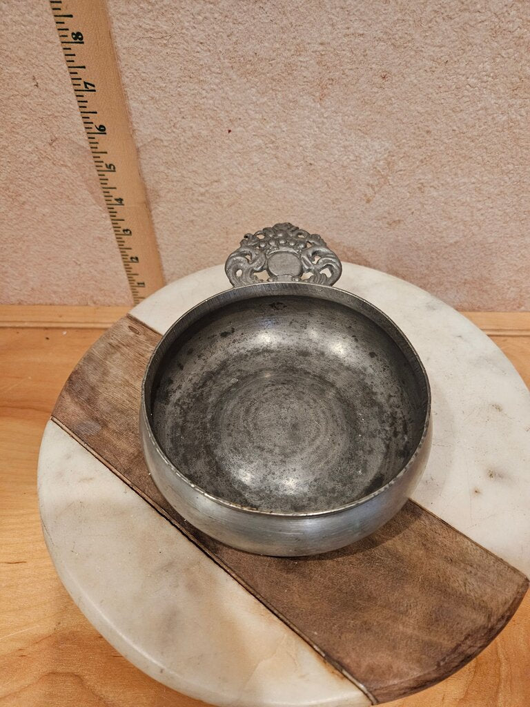 HUGE ANTIQUE PORRIDGE OATMEAL SOUP BOWL PEWTER WITH HANDLE RARE w Ornate Handle repurpose wine coaster etc barware
