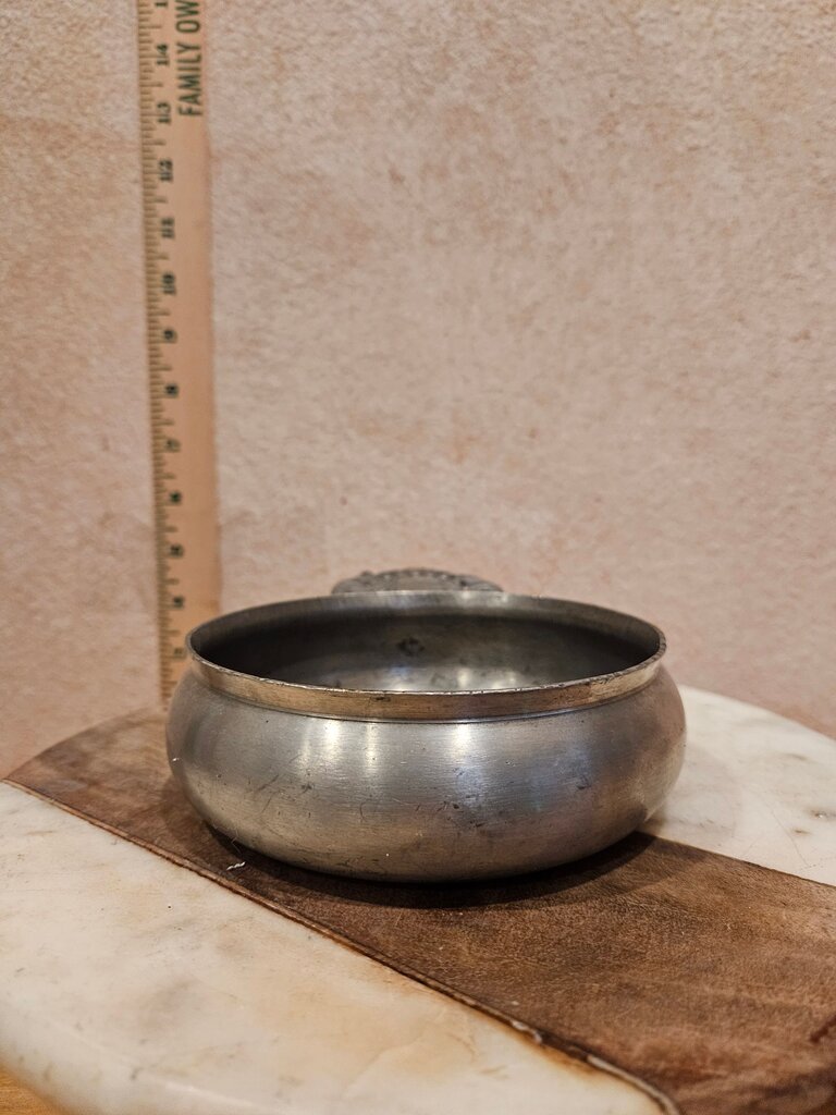 HUGE ANTIQUE PORRIDGE OATMEAL SOUP BOWL PEWTER WITH HANDLE RARE w Ornate Handle repurpose wine coaster etc barware