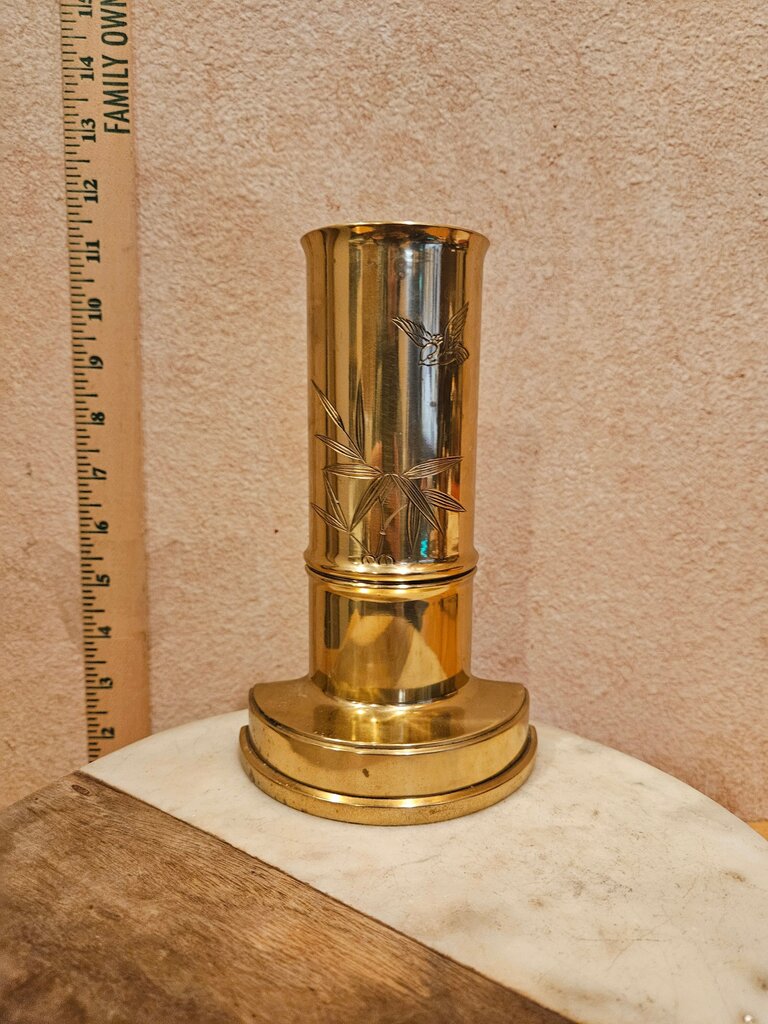 Vintage Rare Nakshi Bamboo Shaped Brass Bookend vase Paperweight w leaf & Bird Design