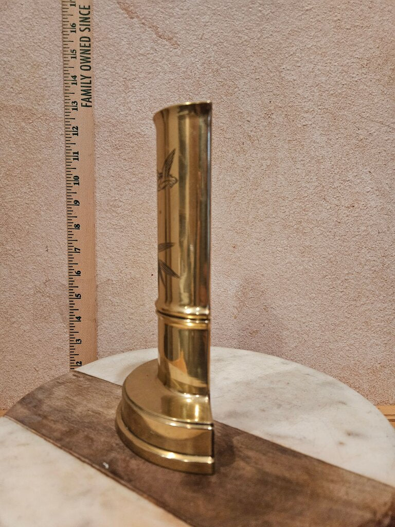 Vintage Rare Nakshi Bamboo Shaped Brass Bookend vase Paperweight w leaf & Bird Design