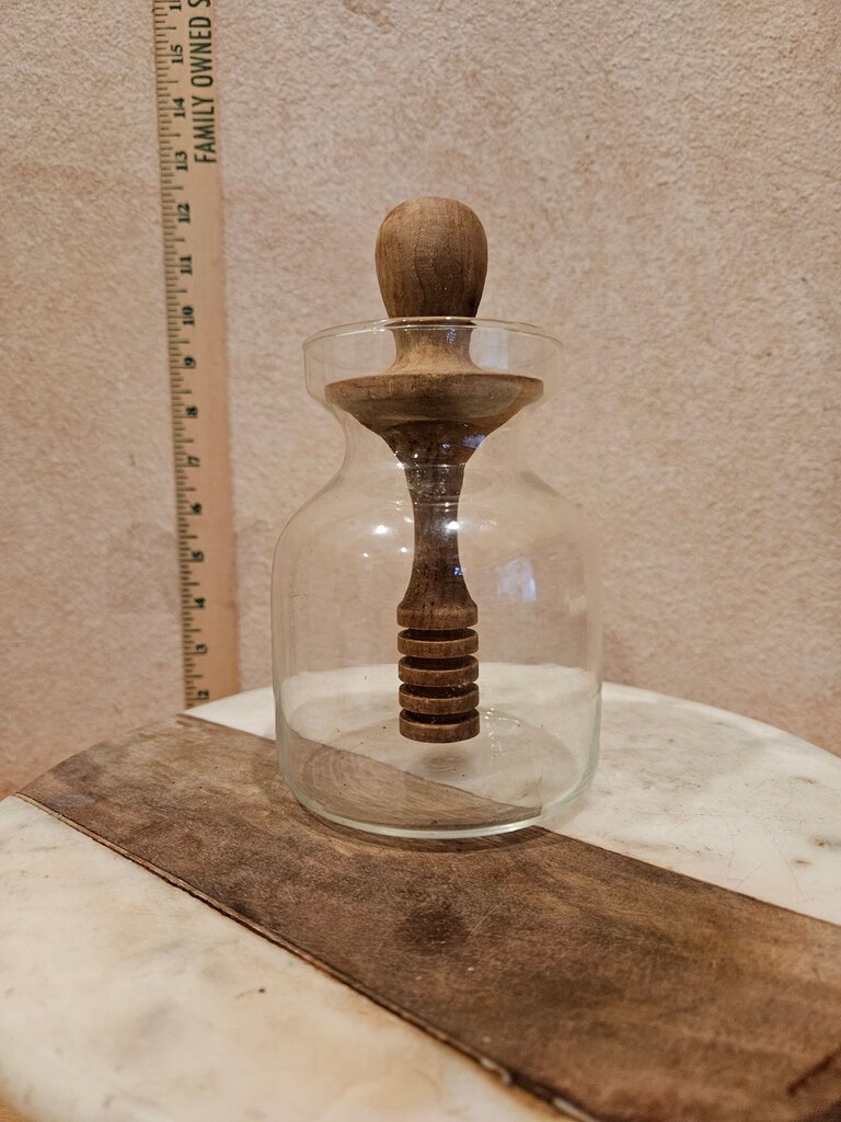 Glass & wood honey pot, honey vase w spoon, wooden honey lovers gift