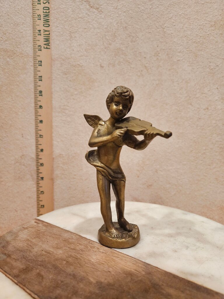 Vintage Solid Brass CHERUB FIGURINE 6" Angel Playing Violin Viola Boy Child Cherub Statue