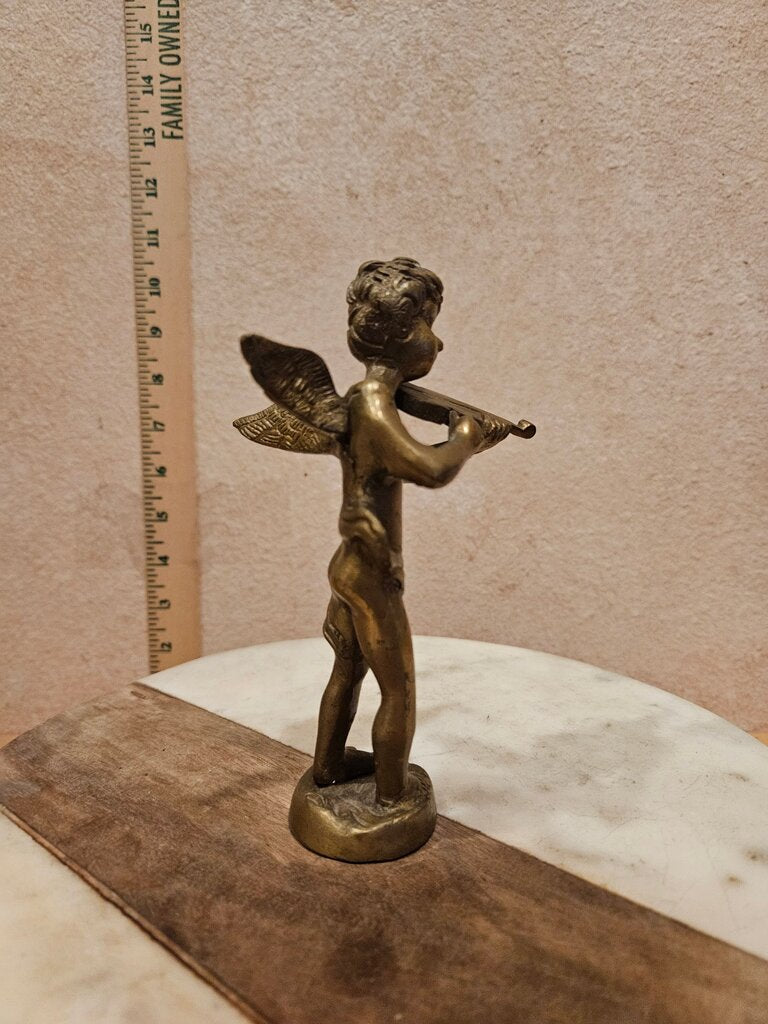 Vintage Solid Brass CHERUB FIGURINE 6" Angel Playing Violin Viola Boy Child Cherub Statue