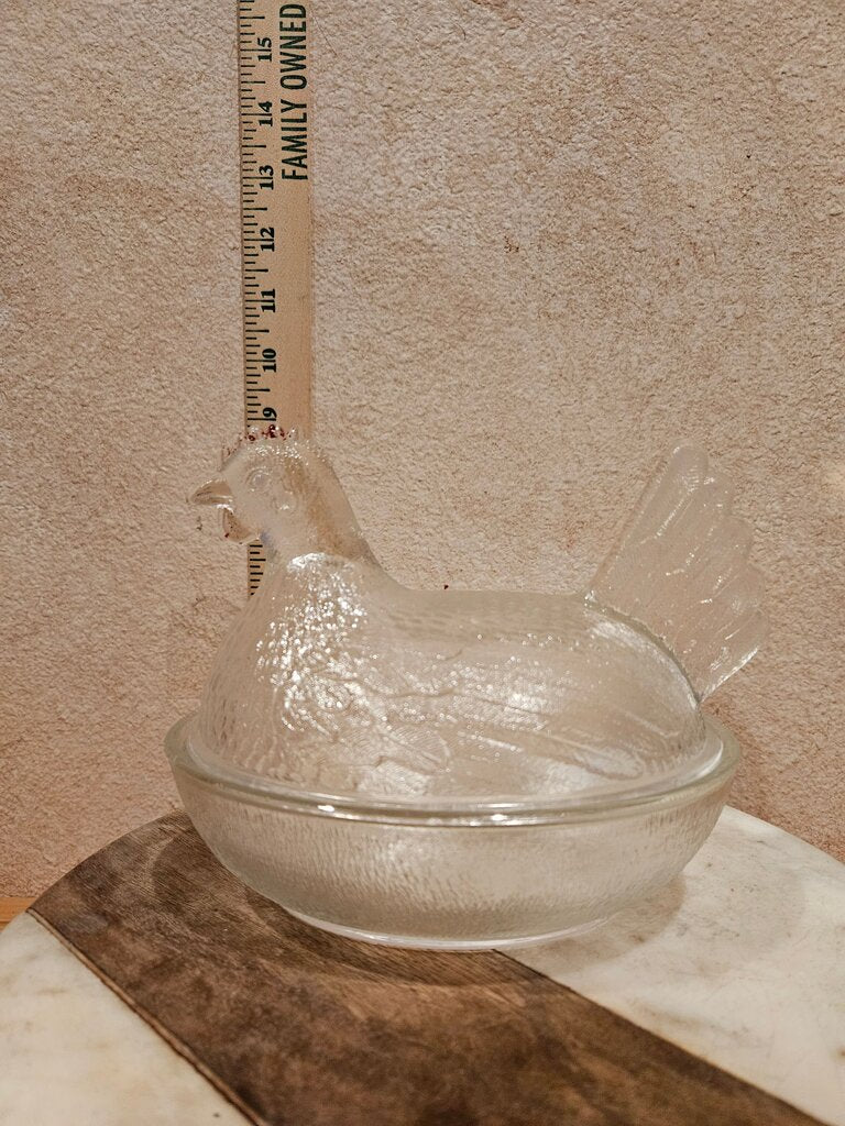 Hen on Nest Clear Glass Mid Century Butter Dish, Cheese Dome, Covered Candy Dish farmhouse display