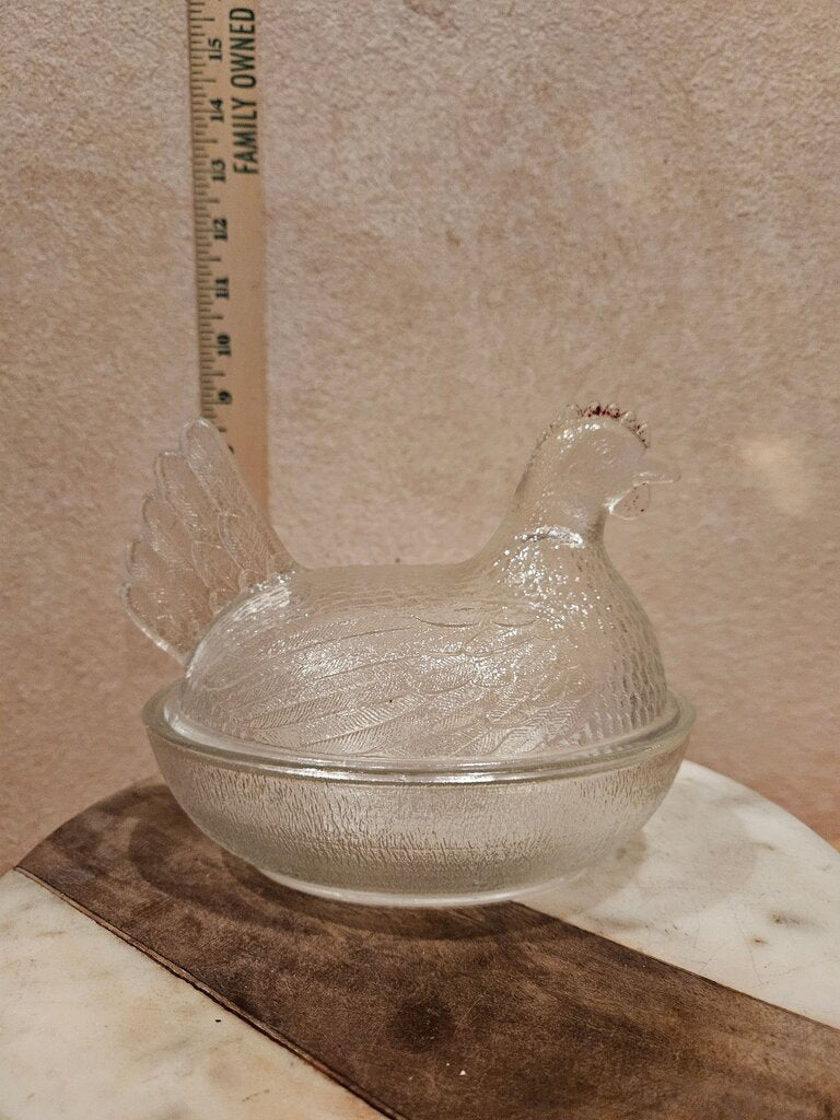 Hen on Nest Clear Glass Mid Century Butter Dish, Cheese Dome, Covered Candy Dish farmhouse display