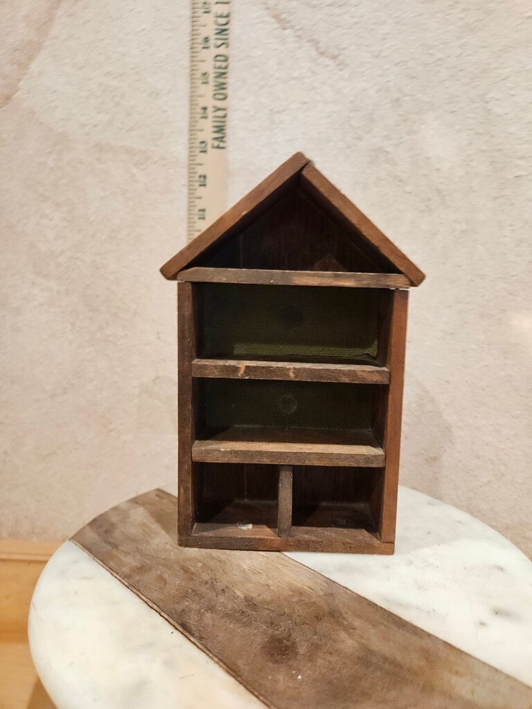Vintage Wooden House Shelf Curio Display Trinkets, Multiple Cubbies w picture holder, Wood Prayer House w Jesus Image