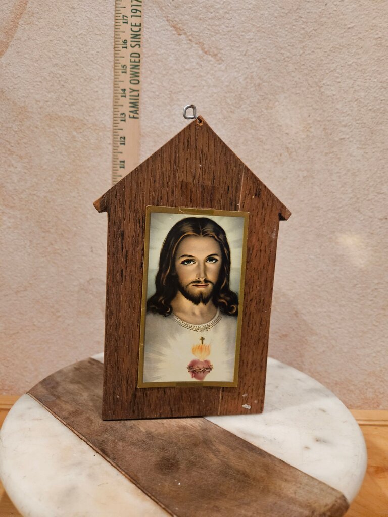 Vintage Wooden House Shelf Curio Display Trinkets, Multiple Cubbies w picture holder, Wood Prayer House w Jesus Image