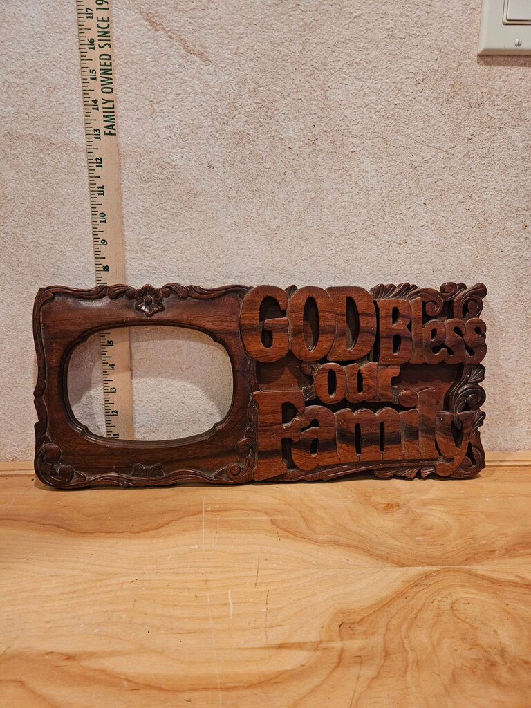 Vintage Solid Carved Mahogany Photo Frame Holds 4x6"God Bless Our Family Wooden Frame