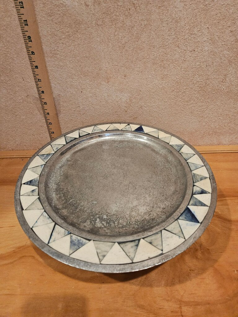 Decorative Round Serving Platter Mother of Pearl Inlay, w Geometric Design cloche base display