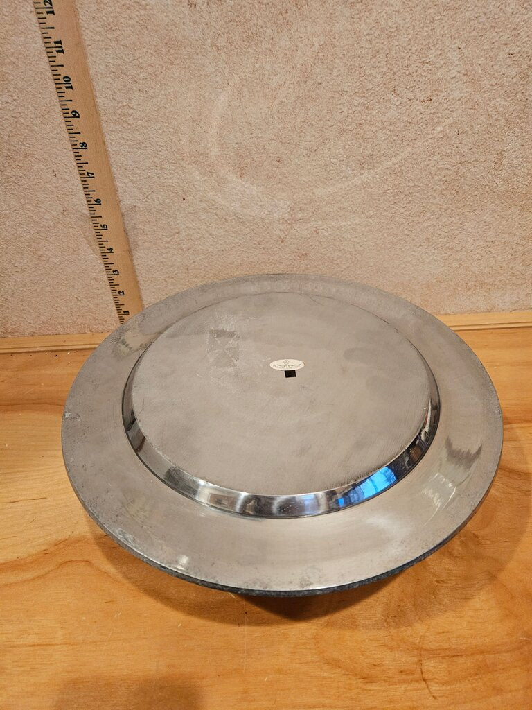 Decorative Round Serving Platter Mother of Pearl Inlay, w Geometric Design cloche base display