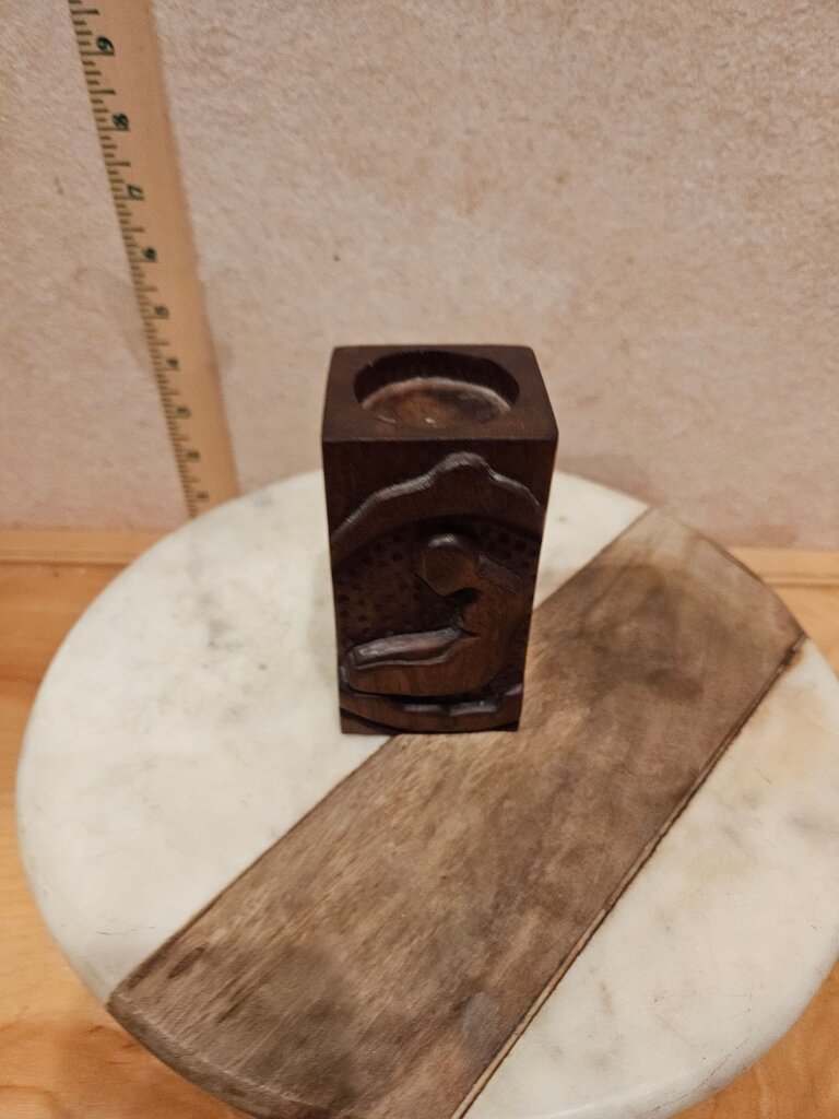 Hand-Carved Wood Relief Sculpture Wooden Candle Holder Dark wooden decor