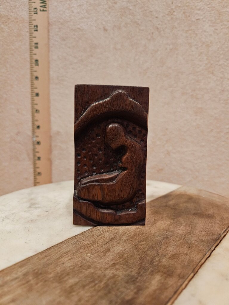 Hand-Carved Wood Relief Sculpture Wooden Candle Holder Dark wooden decor