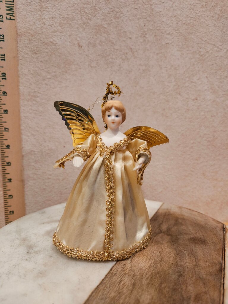 Vintage Christmas tree topper angel w / ivory / white w Golden Wings porcelain face and arms