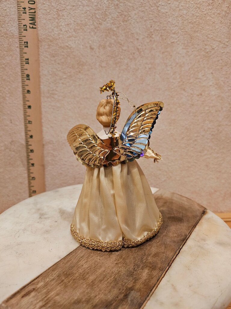 Vintage Christmas tree topper angel w / ivory / white w Golden Wings porcelain face and arms