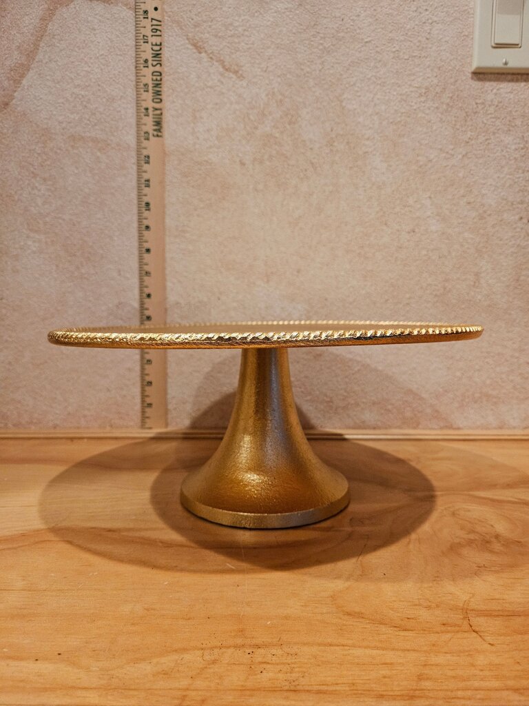 Gilded gold painted metal pedestal farmhouse cake stand home essentials Candy / Dessert Display, cloche riser, table vignette display