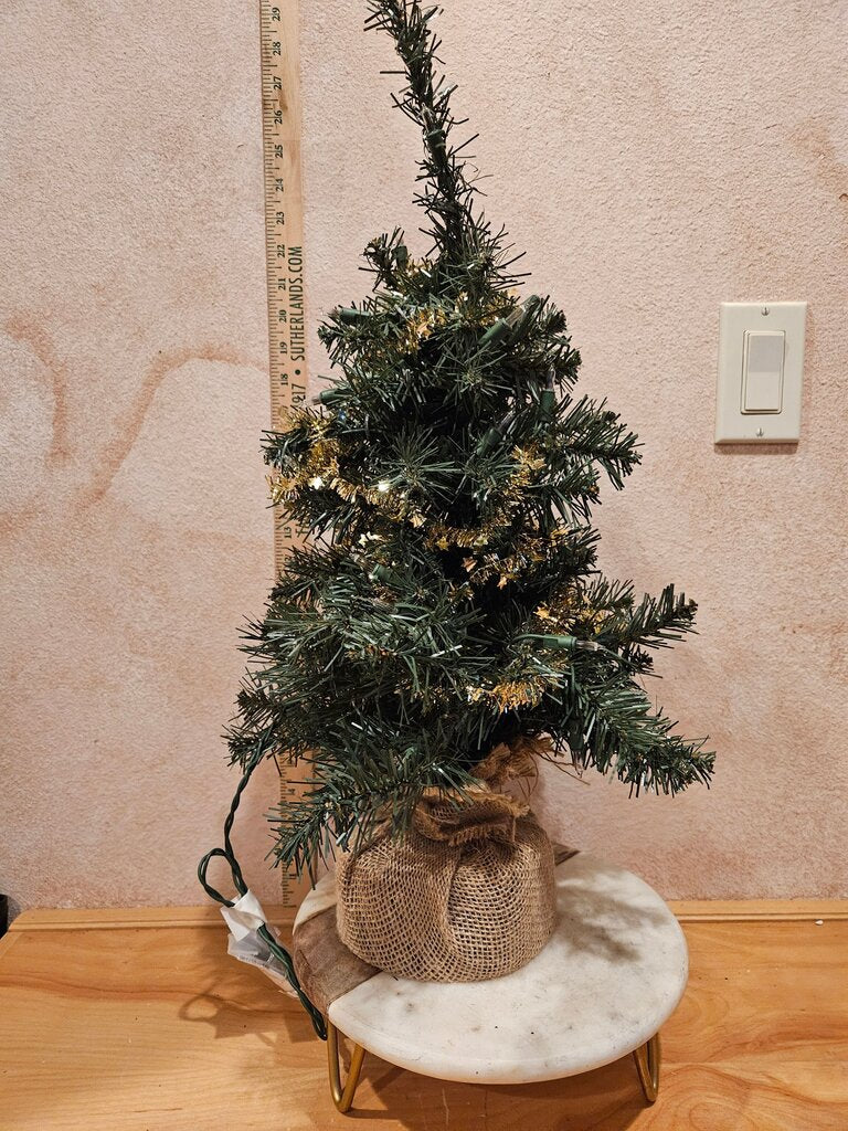 Small Lighted Christmas Tree w Burlap Base farmhouse holiday decor