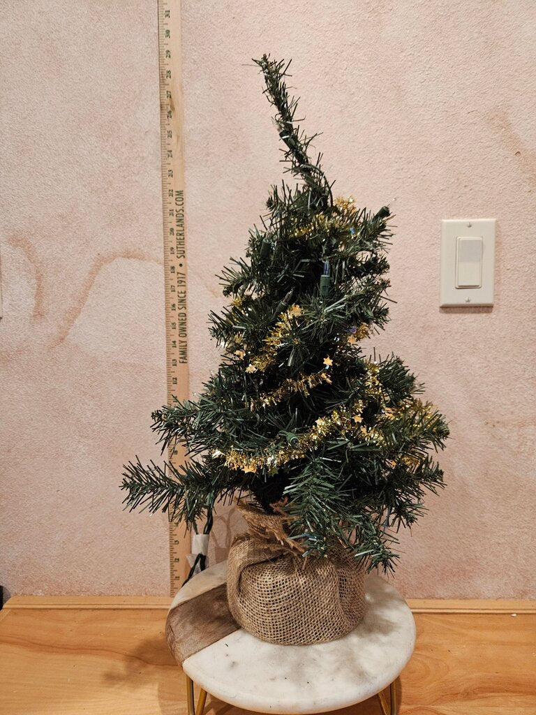 Small Lighted Christmas Tree w Burlap Base farmhouse holiday decor