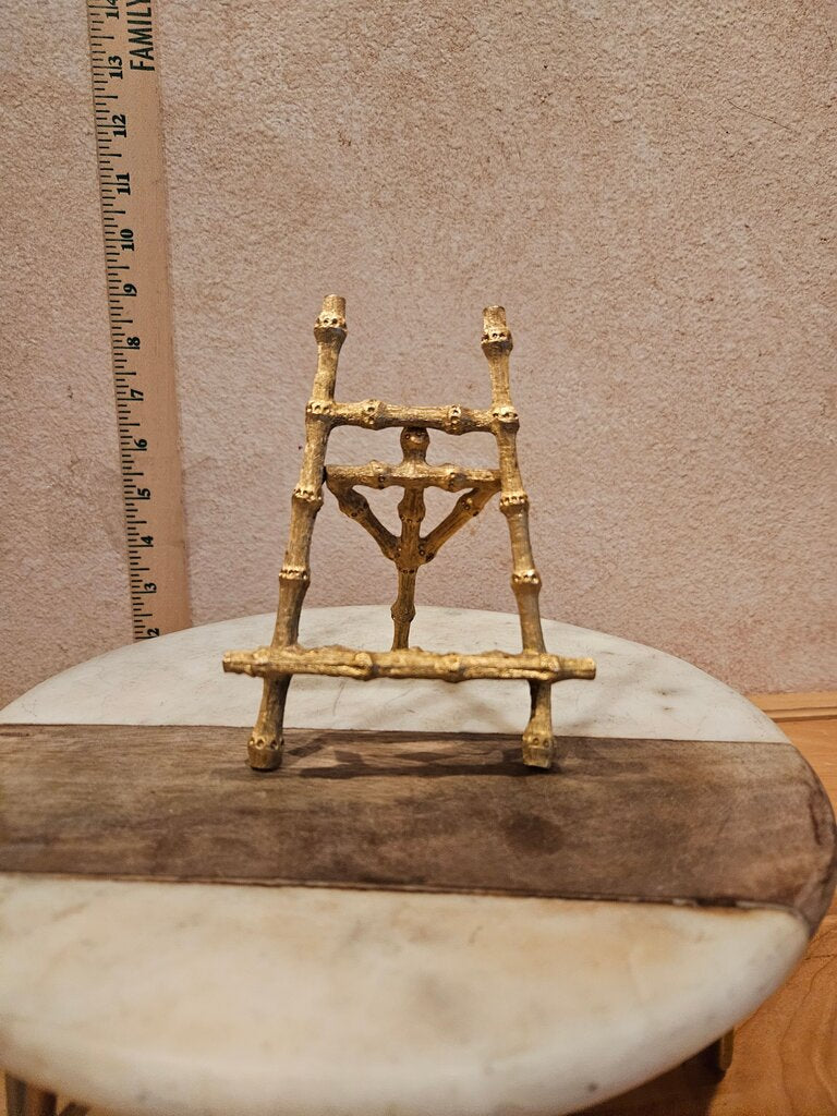 Vintage Fixed As Is bent leg Gold Ormolu Hollywood Regency Metal Bamboo Ornate Easel Display Stand